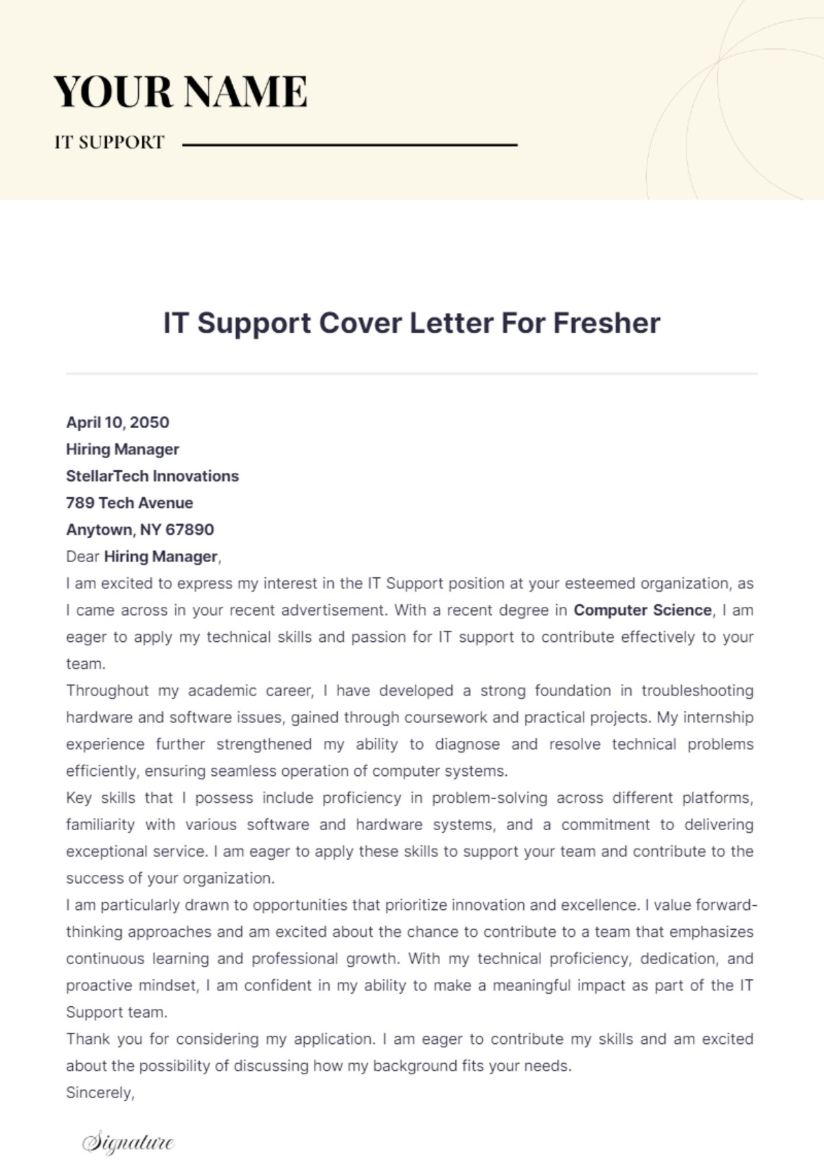 IT Support Cover Letter For Fresher - Edit Online & Download