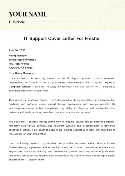 Free IT Support Cover Letter For Fresher to Edit Online