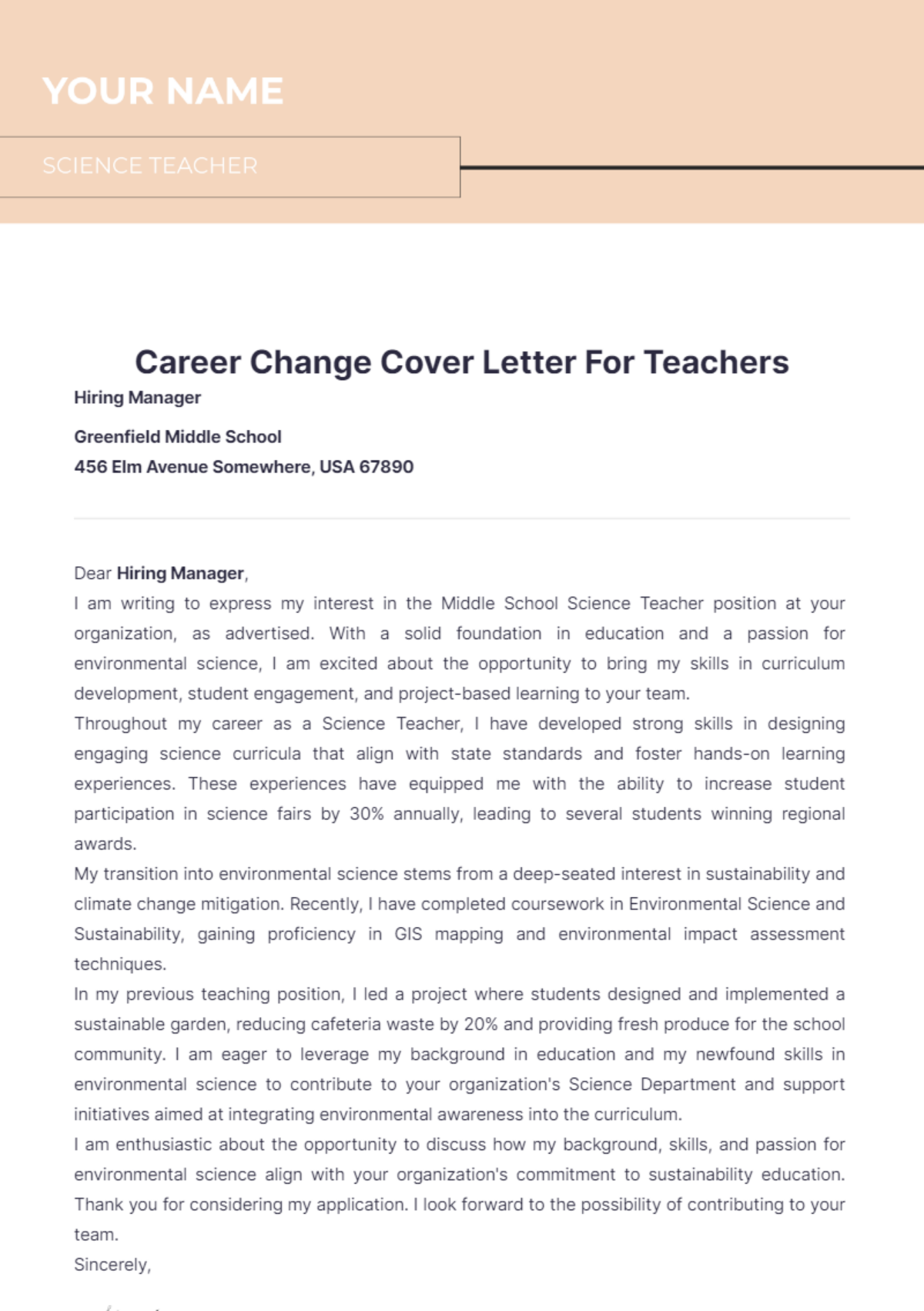 Career Change Cover Letter For Teachers - Edit Online & Download