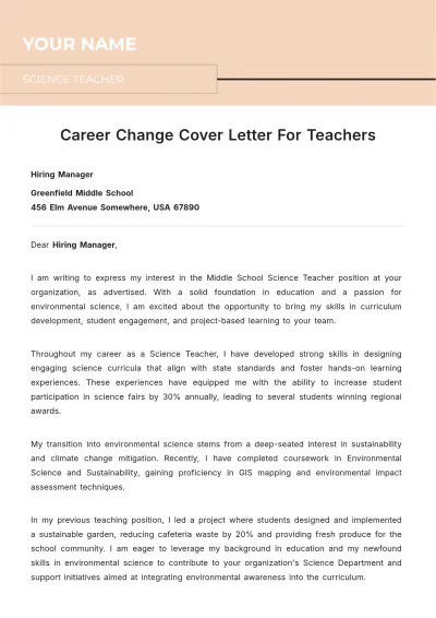 Free Career Change Cover Letter For Teachers to Edit Online