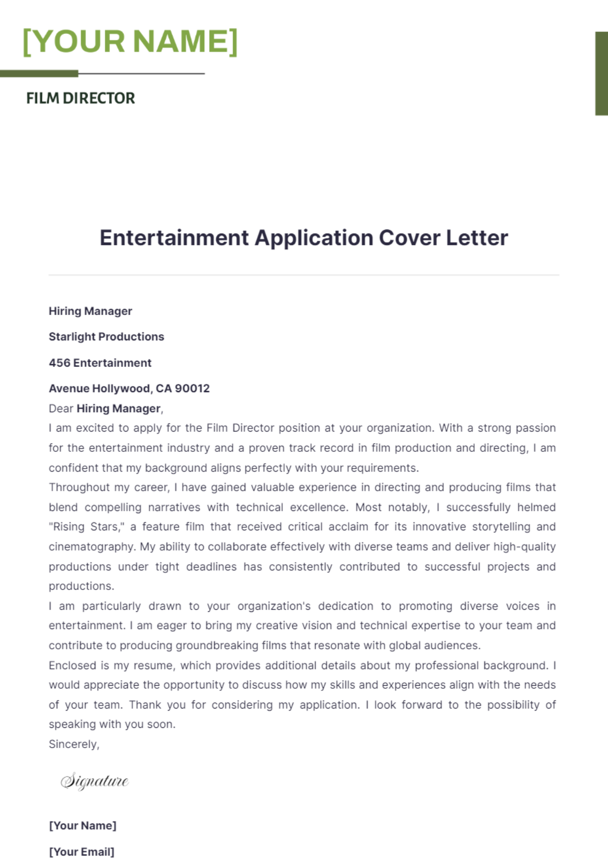 Entertainment Application Cover Letter - Edit Online & Download