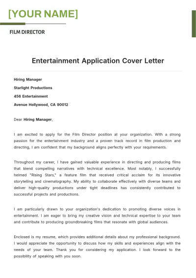 Free Entertainment Application Cover Letter to Edit Online
