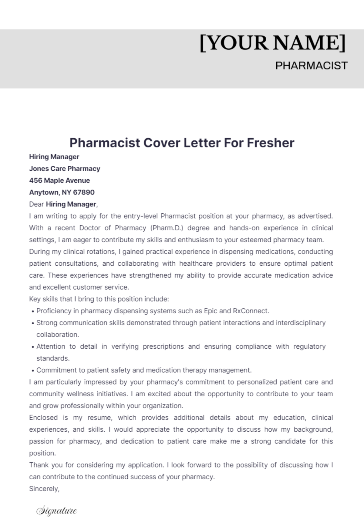 Pharmacist Cover Letter For Fresher - Edit Online & Download