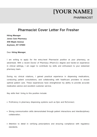 Free Pharmacist Cover Letter For Fresher to Edit Online
