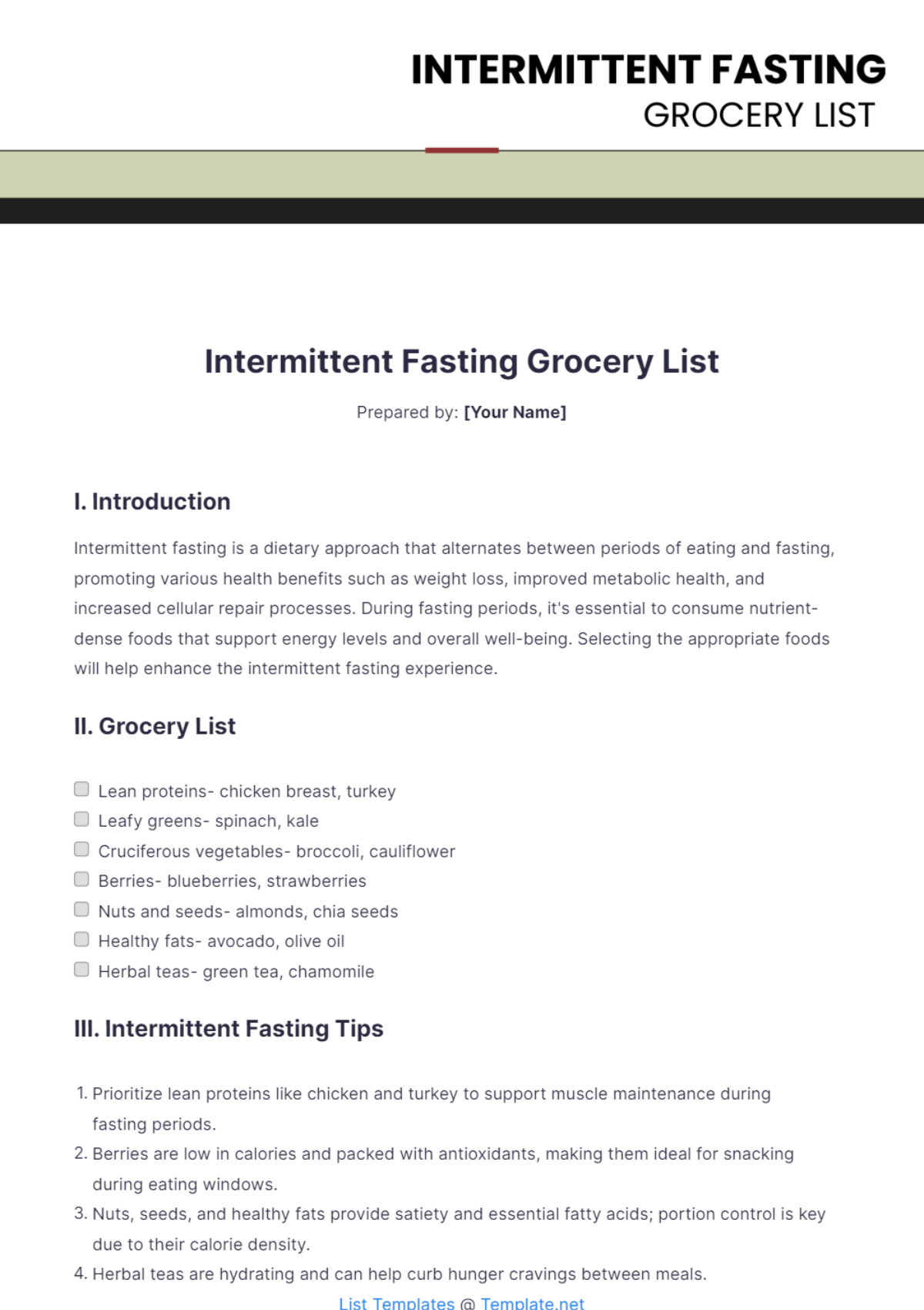 Intermittent Fasting Grocery List Template - Edit Online & Download