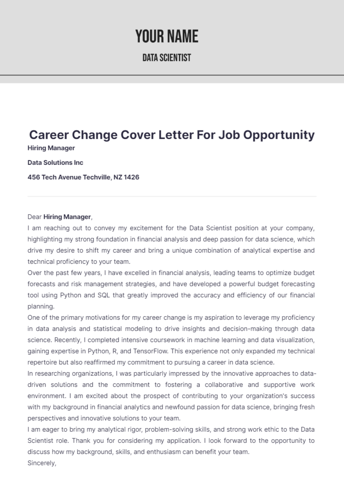 Career Change Cover Letter For Job Opportunity - Edit Online & Download