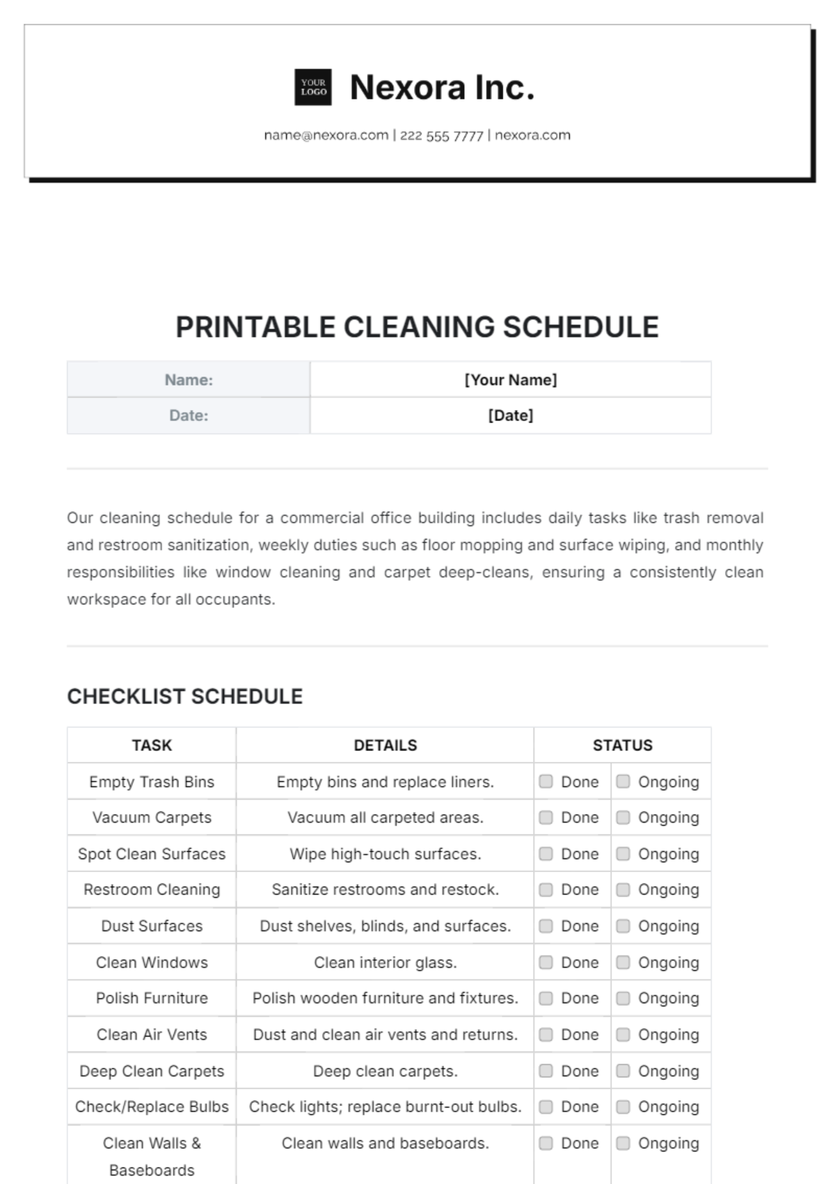 Printable Cleaning Schedule Template - Edit Online & Download