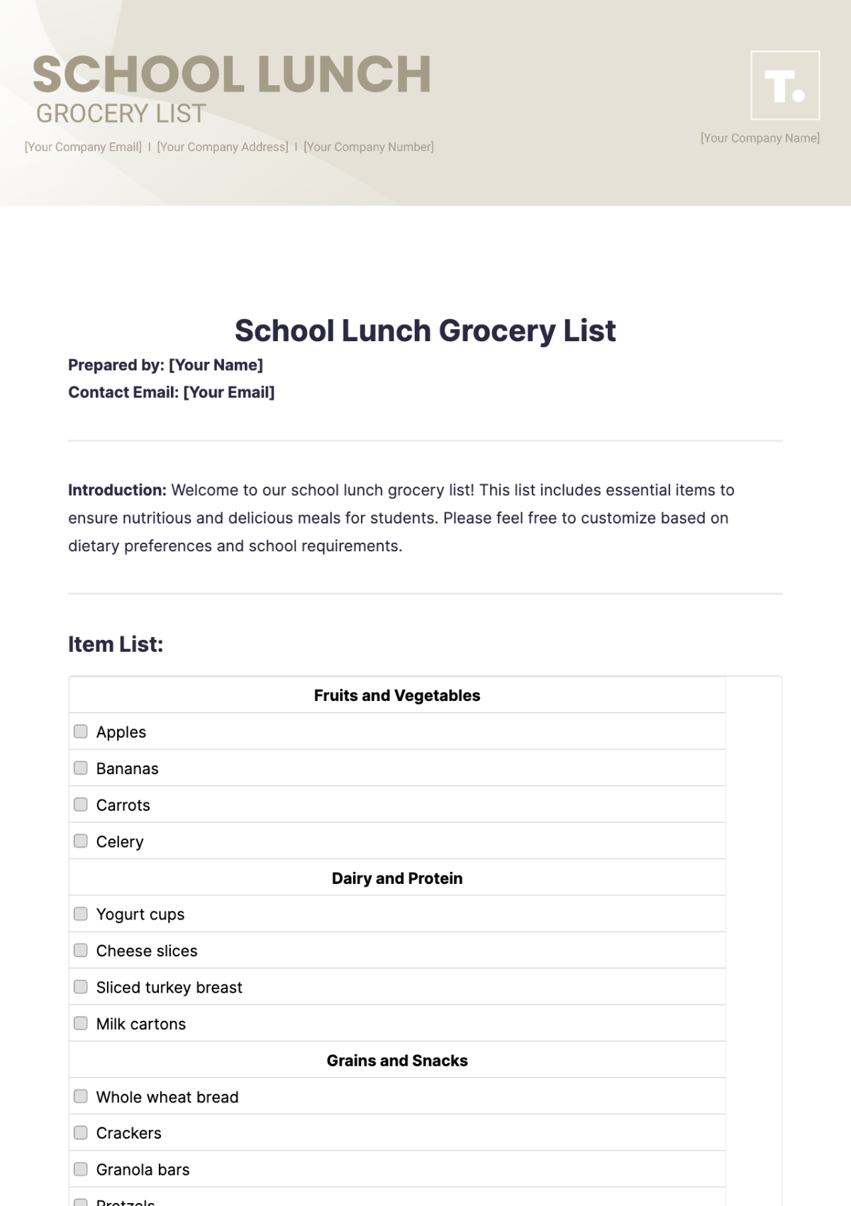 School Lunch Grocery List Template - Edit Online & Download