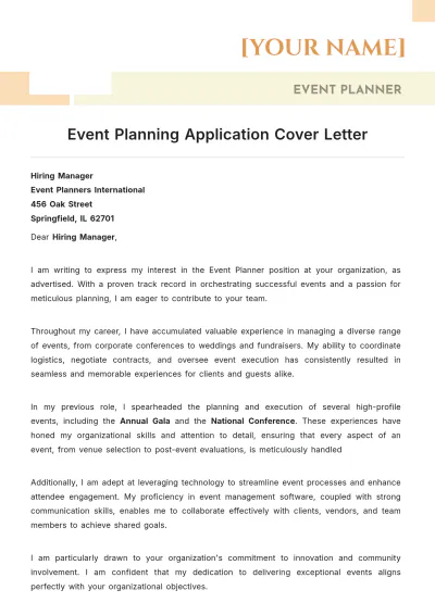 Free Event Planning Application Cover Letter to Edit Online
