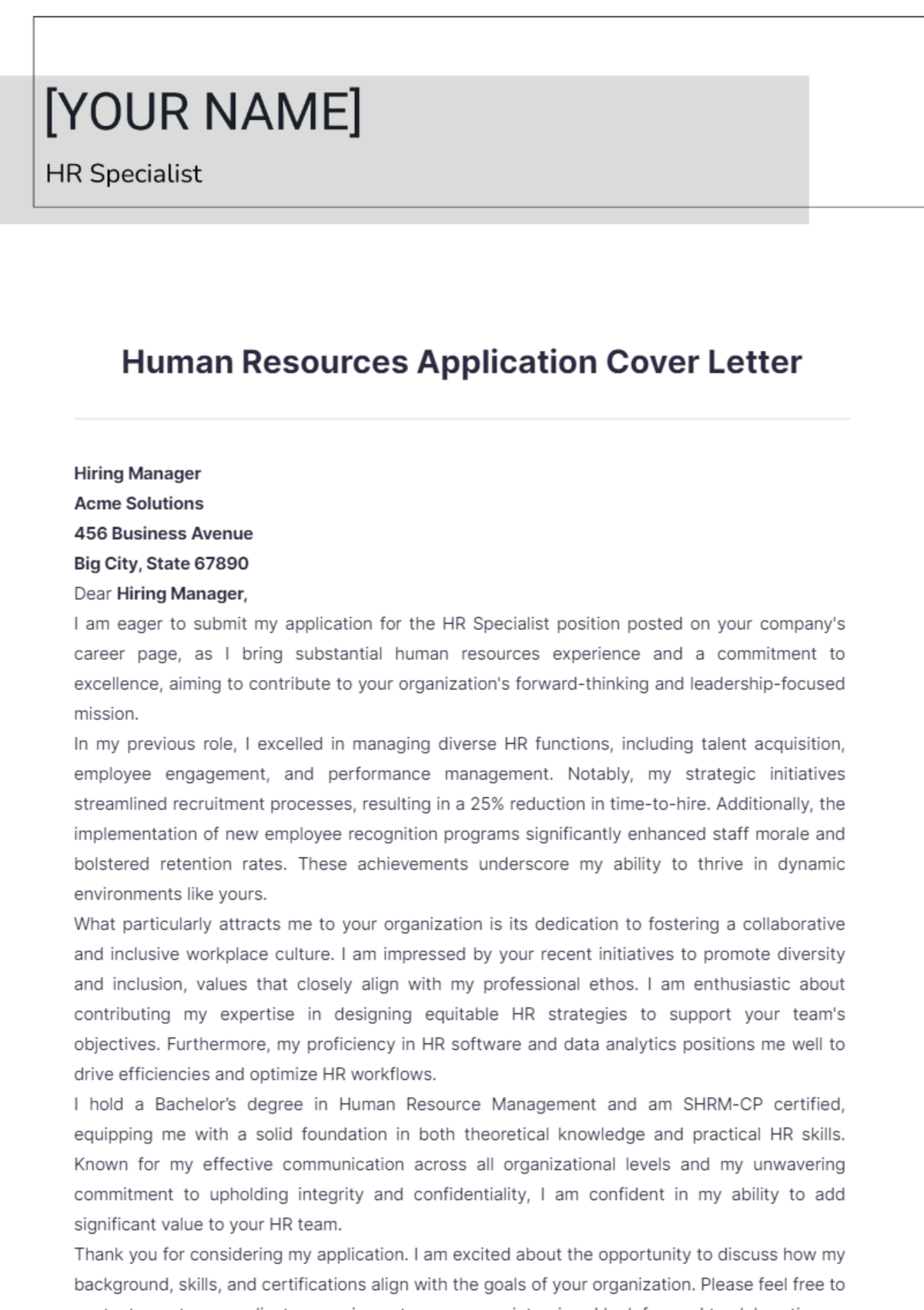 Human Resources Application Cover Letter - Edit Online & Download