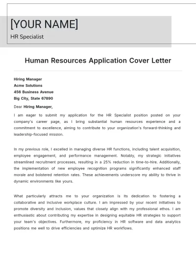 Free Human Resources Application Cover Letter to Edit Online