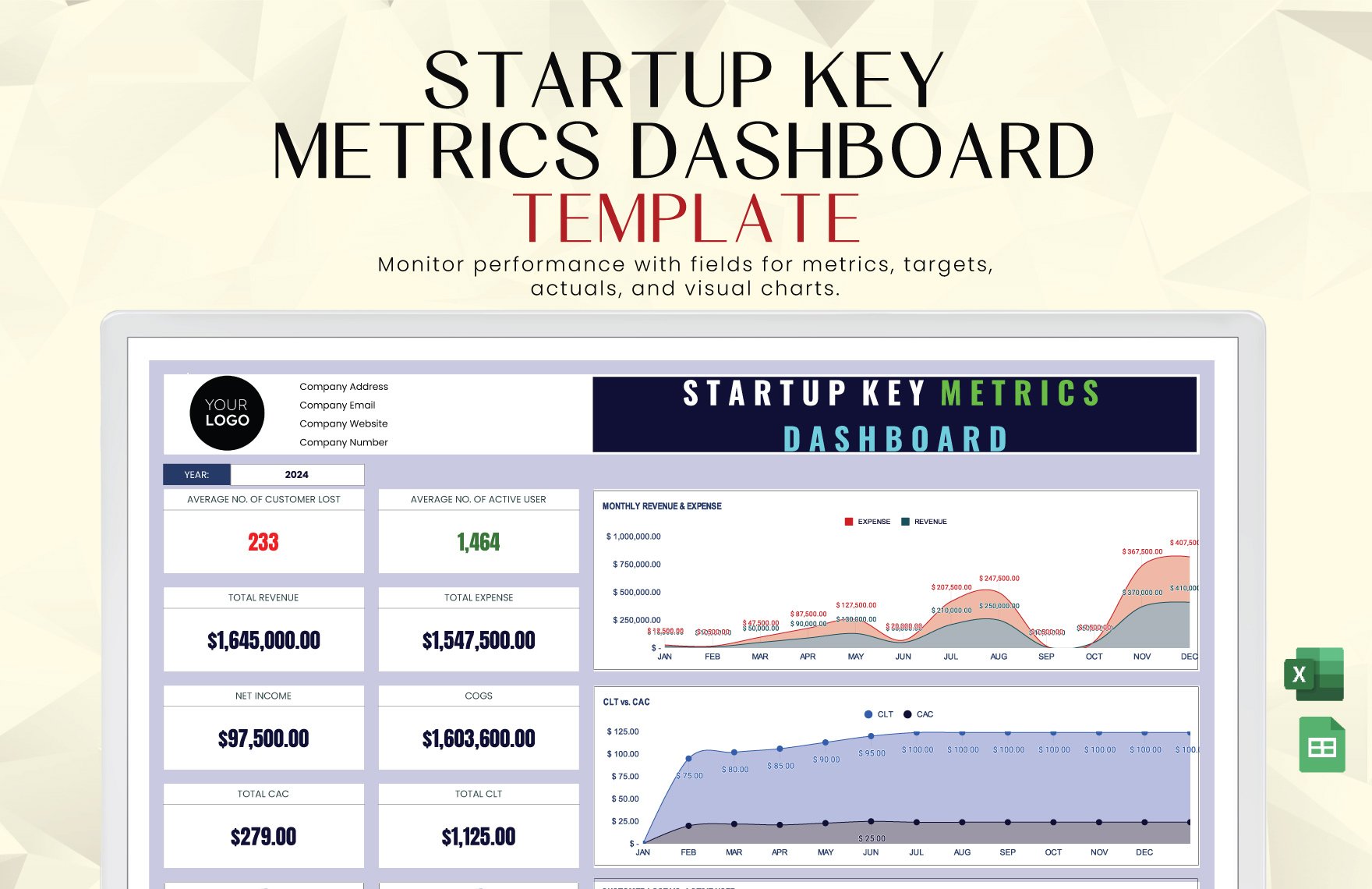 Startup Key Metrics Dashboard Template in Excel, Google Sheets