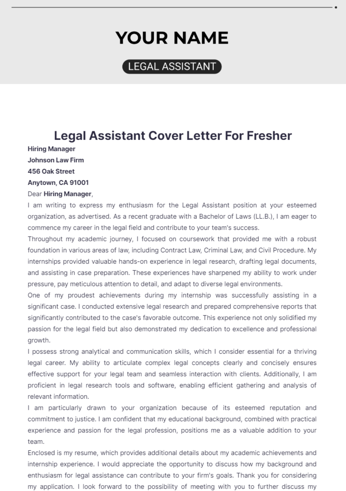 Legal Assistant Cover Letter For Fresher - Edit Online & Download