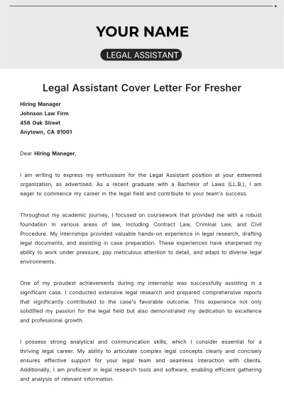 Free Legal Assistant Cover Letter For Fresher to Edit Online