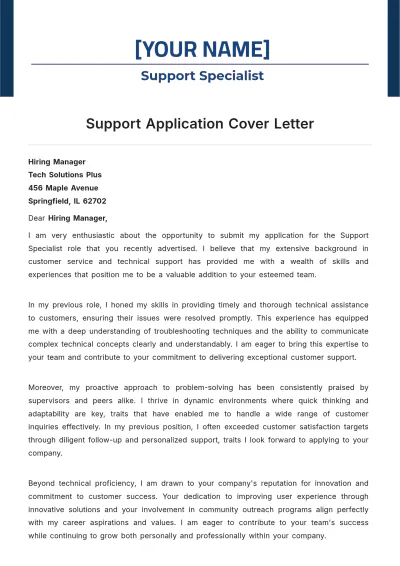 Free Support Application Cover Letter to Edit Online