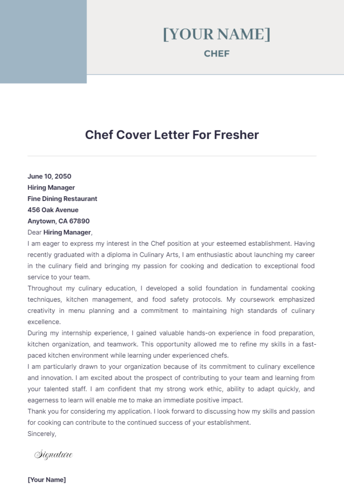 Chef Cover Letter For Fresher - Edit Online & Download