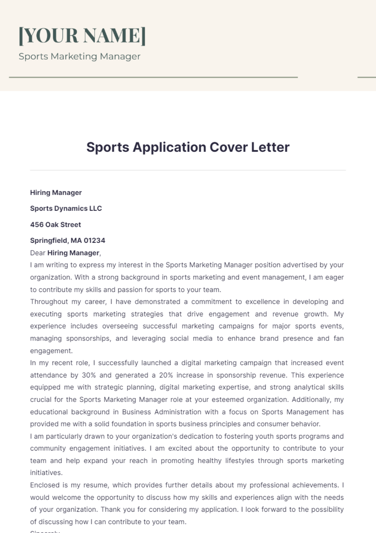 Sports Application Cover Letter - Edit Online & Download