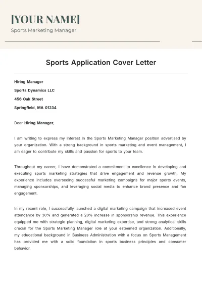 Free Sports Application Cover Letter to Edit Online