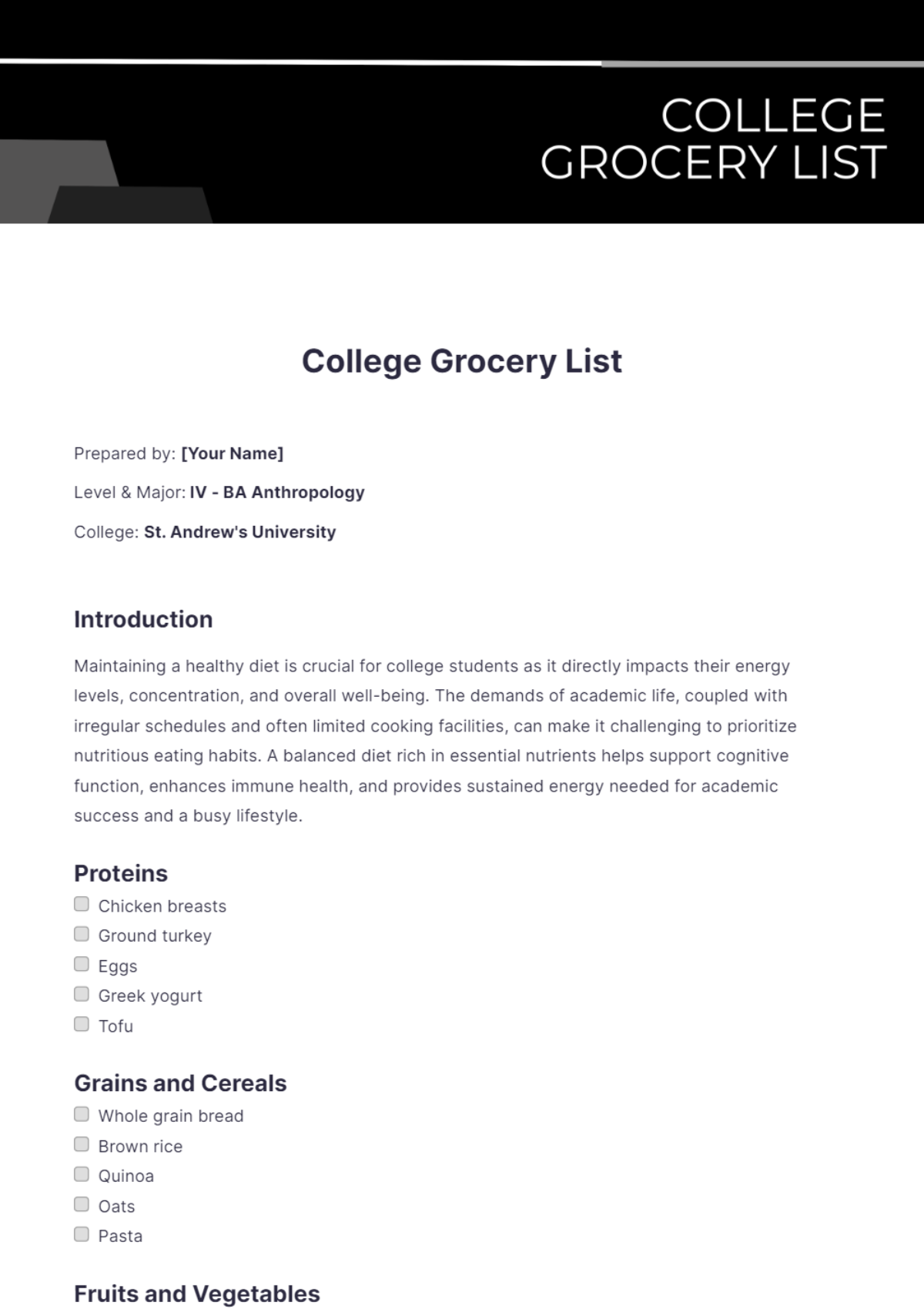 College Grocery List Template - Edit Online & Download