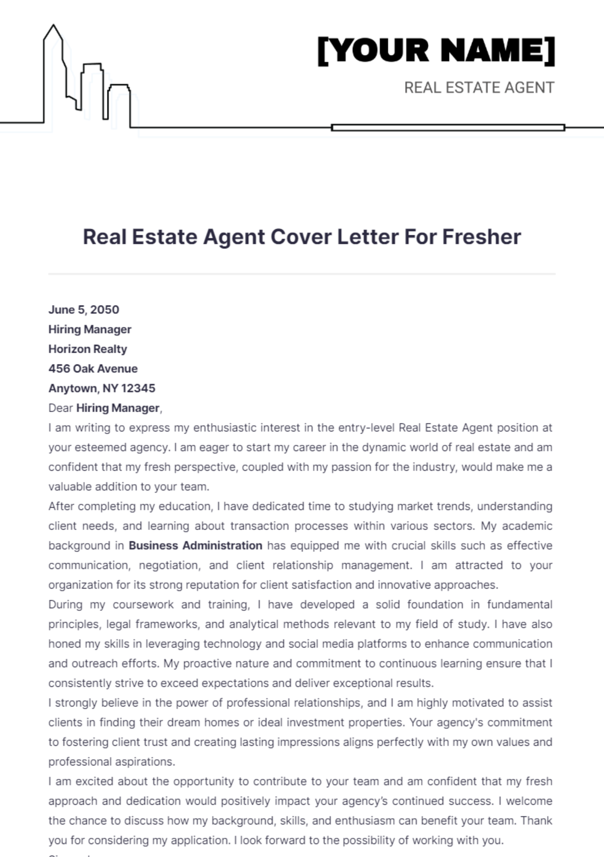 Real Estate Agent Cover Letter For Fresher - Edit Online & Download