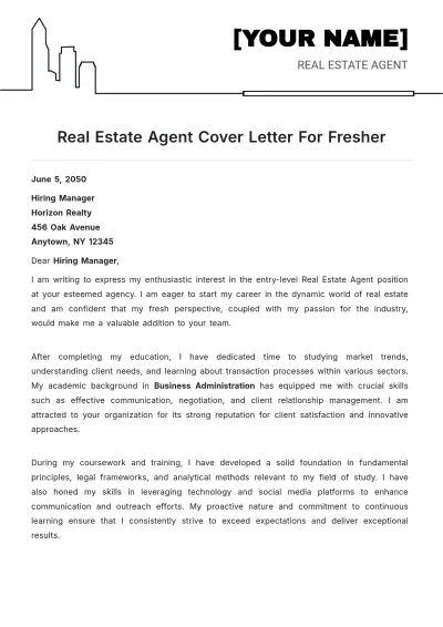 Free Real Estate Agent Cover Letter For Fresher to Edit Online