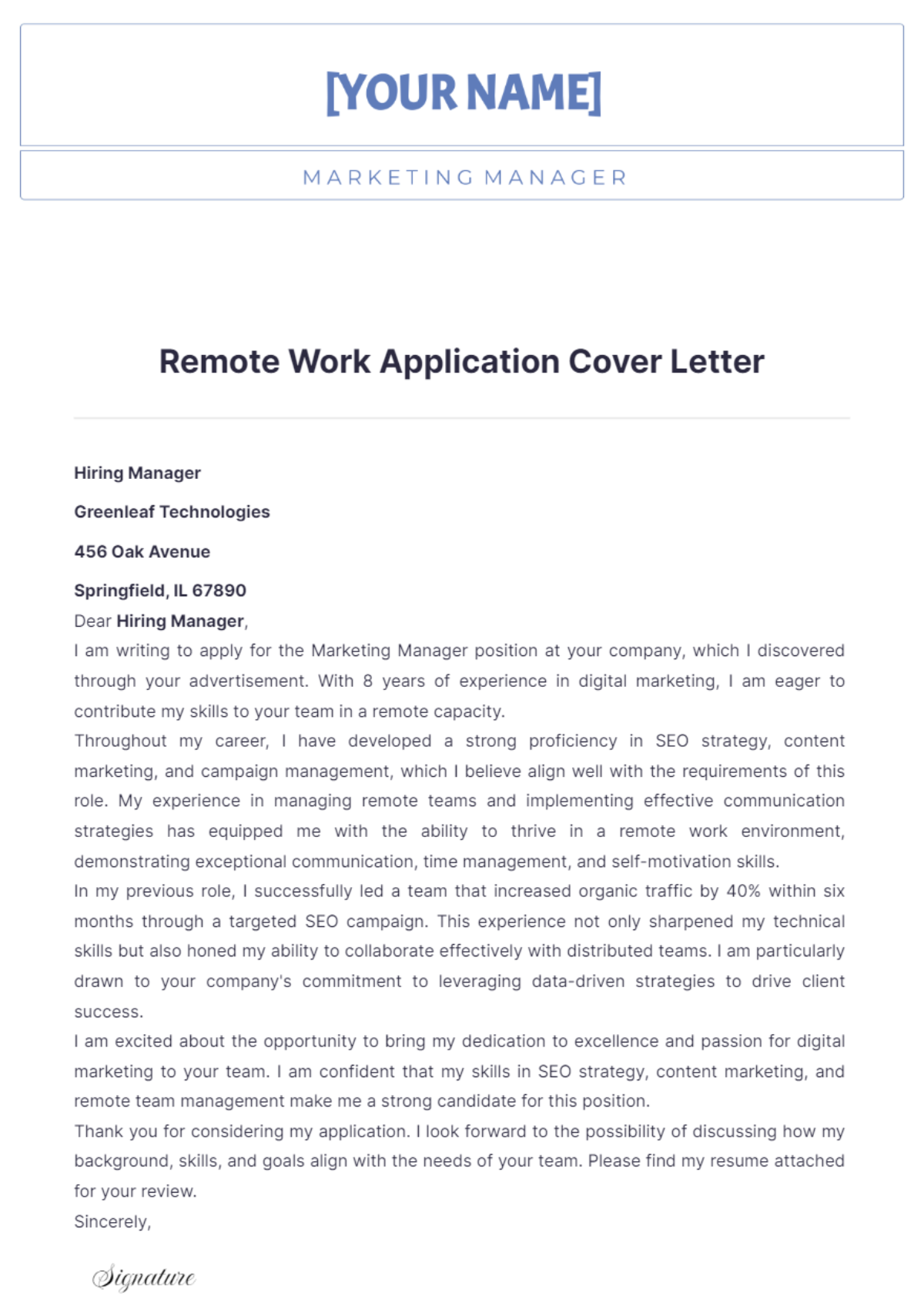 Remote Work Application Cover Letter - Edit Online & Download