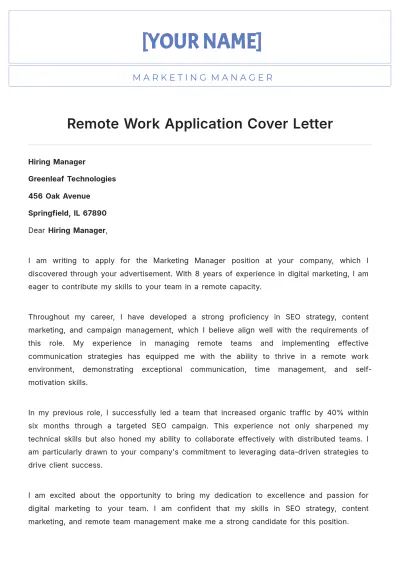 Free Remote Work Application Cover Letter to Edit Online