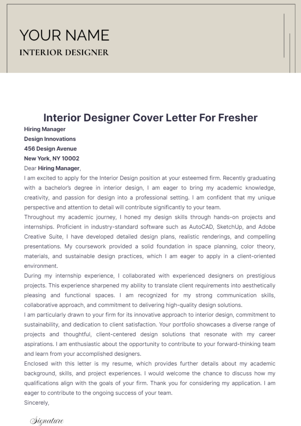 Interior Designer Cover Letter For Fresher - Edit Online & Download