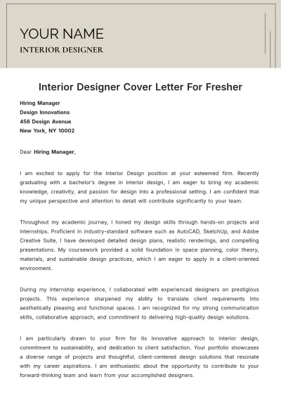 Free Interior Designer Cover Letter For Fresher to Edit Online