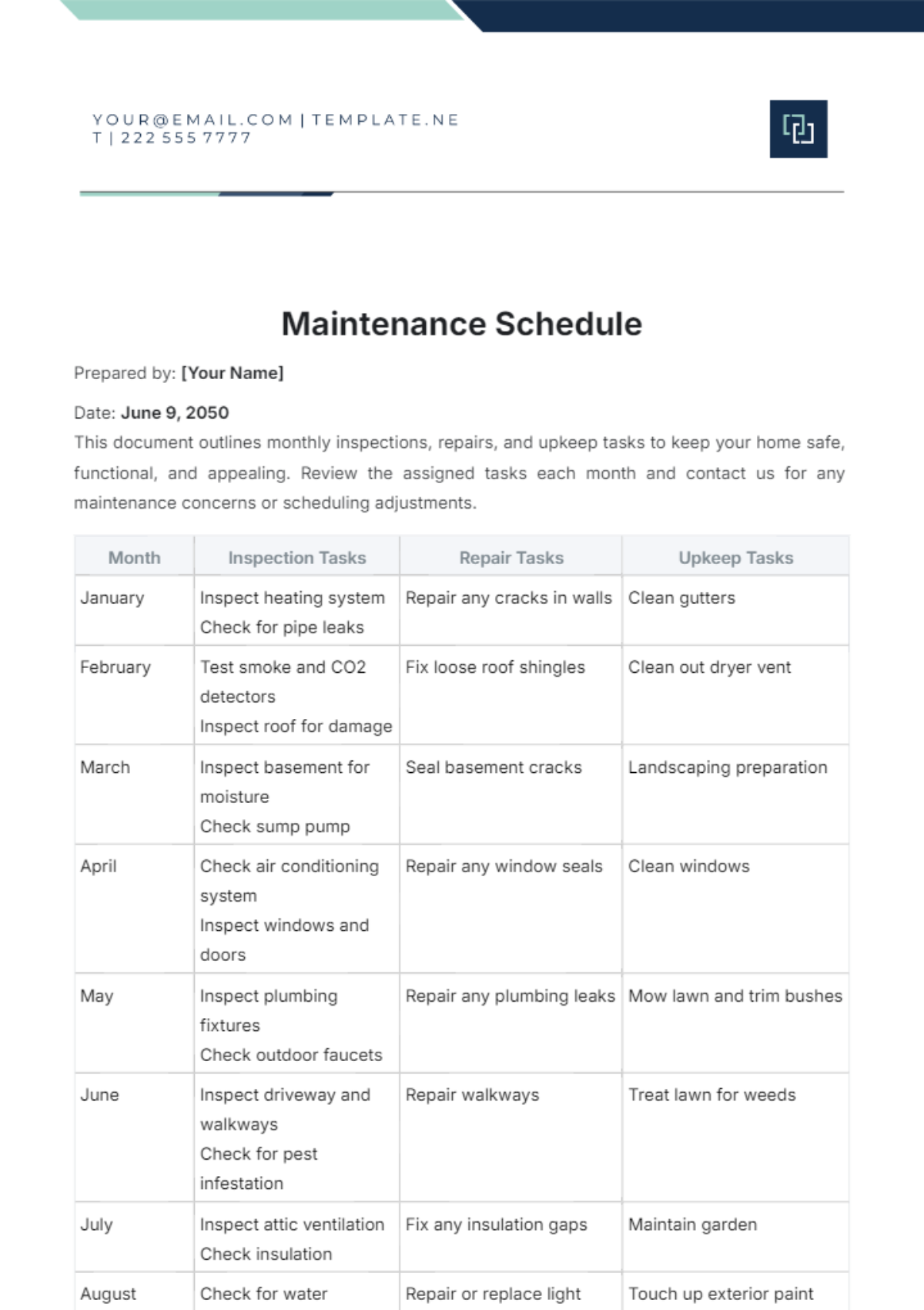 Maintenance Schedule Template - Edit Online & Download