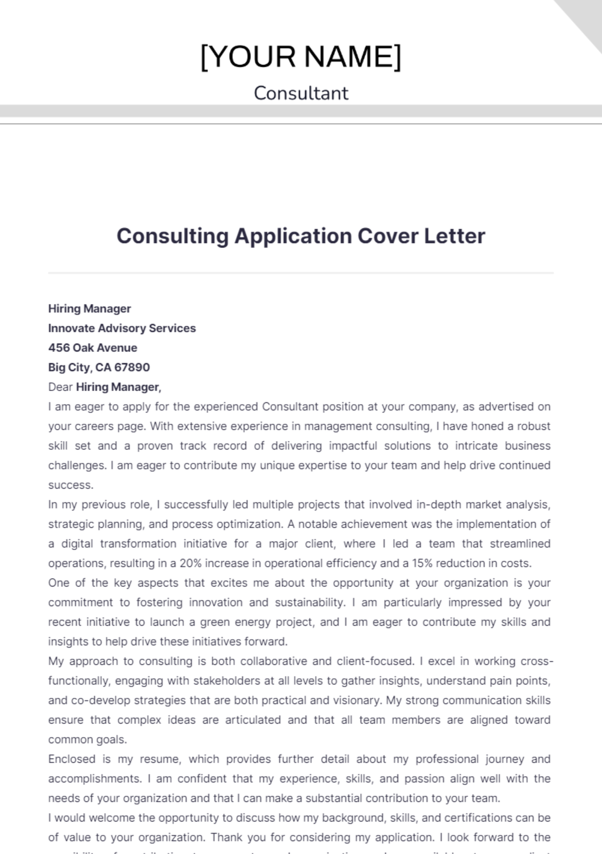 Consulting Application Cover Letter - Edit Online & Download