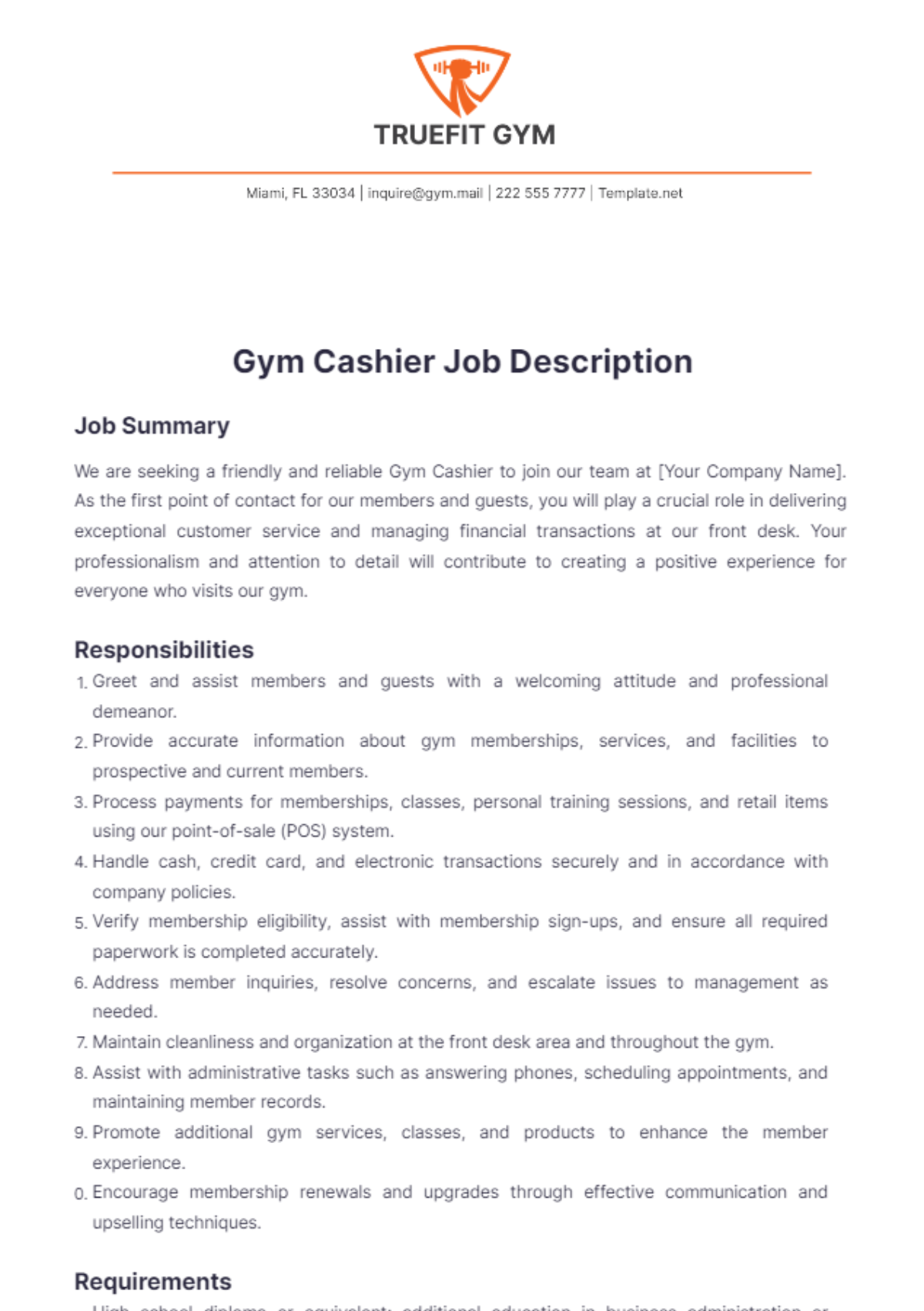 Gym Cashier Job Description Template - Edit Online & Download