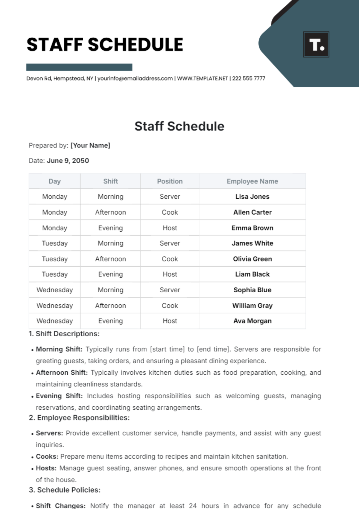 Staff Schedule Template