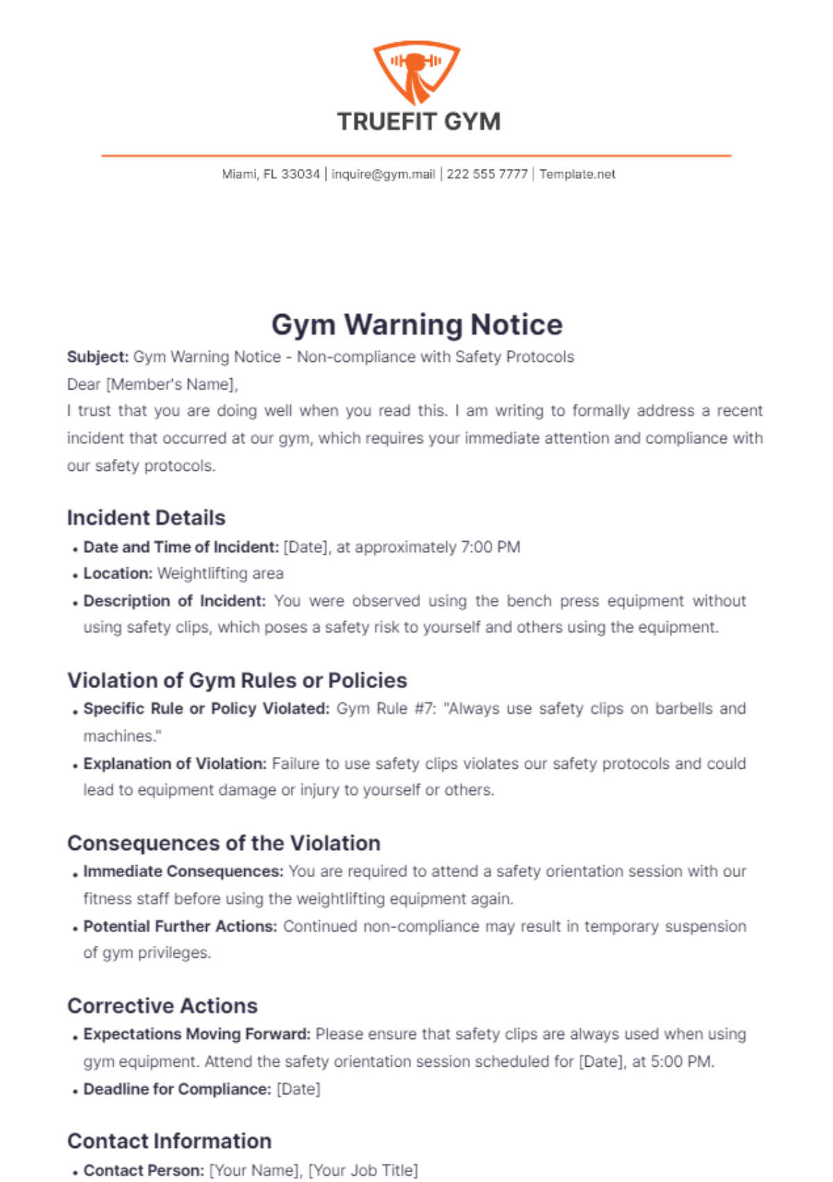 Gym Warning Notice Template - Edit Online & Download