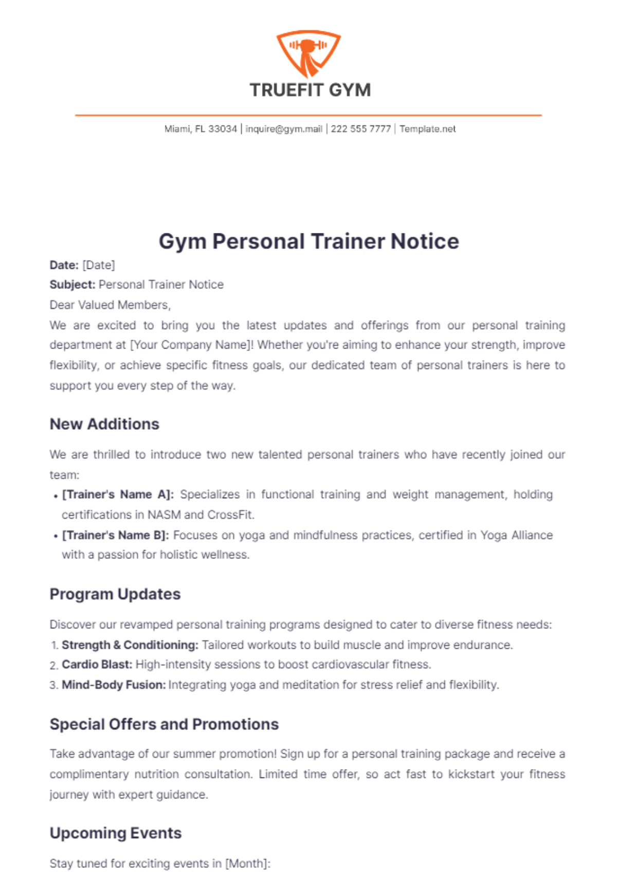 Gym Personal Trainer Notice Template - Edit Online & Download