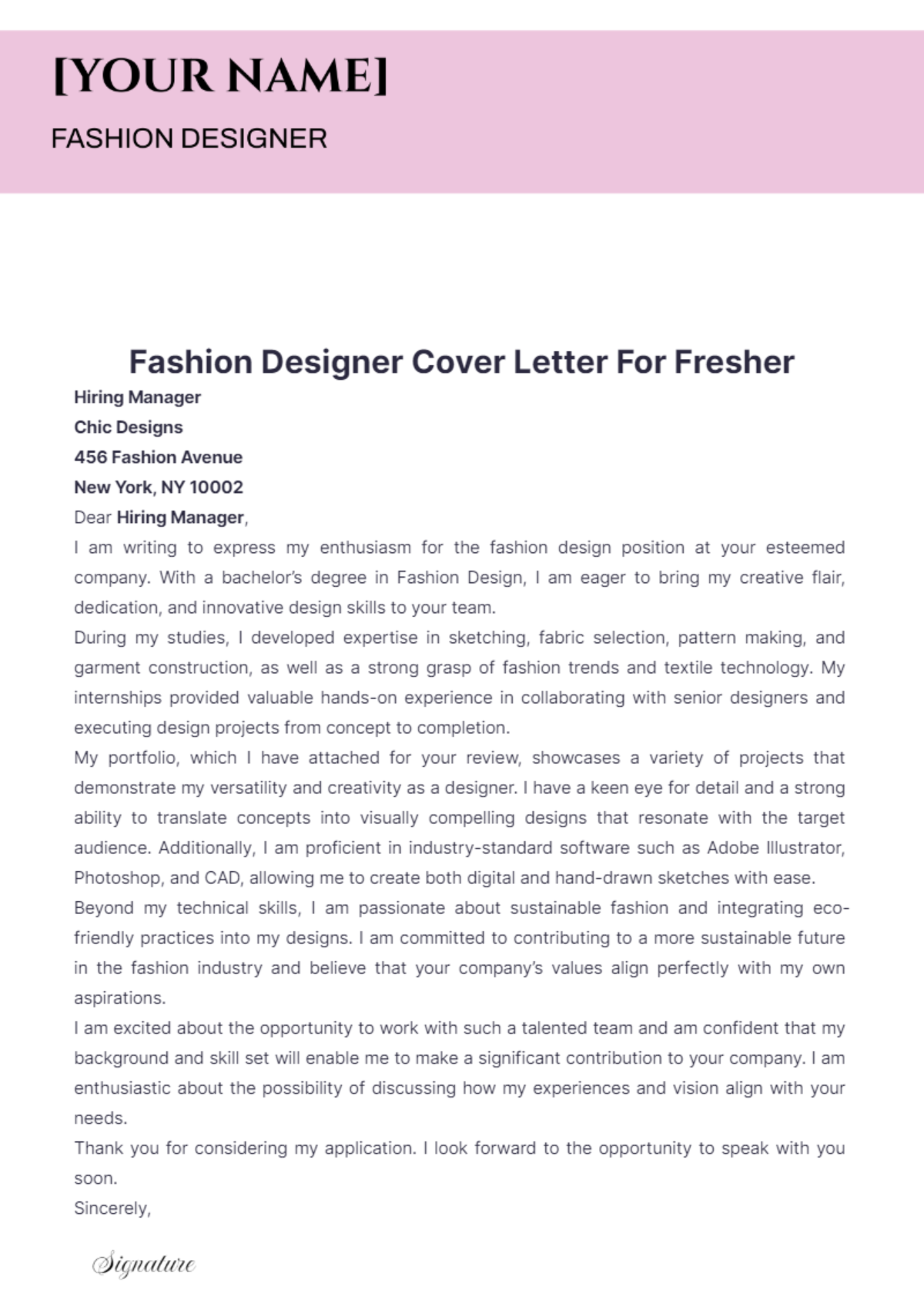 Fashion Designer Cover Letter For Fresher - Edit Online & Download