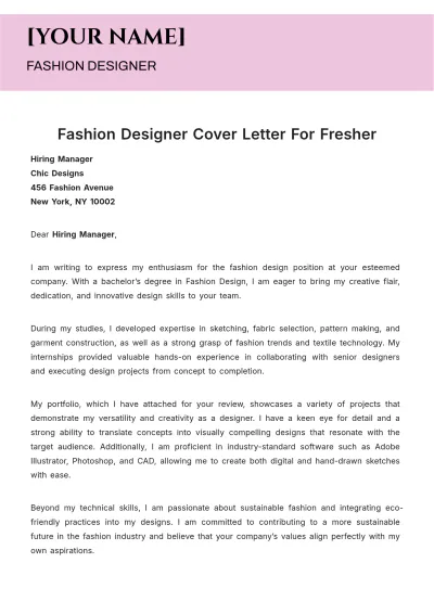 Free Fashion Designer Cover Letter For Fresher to Edit Online