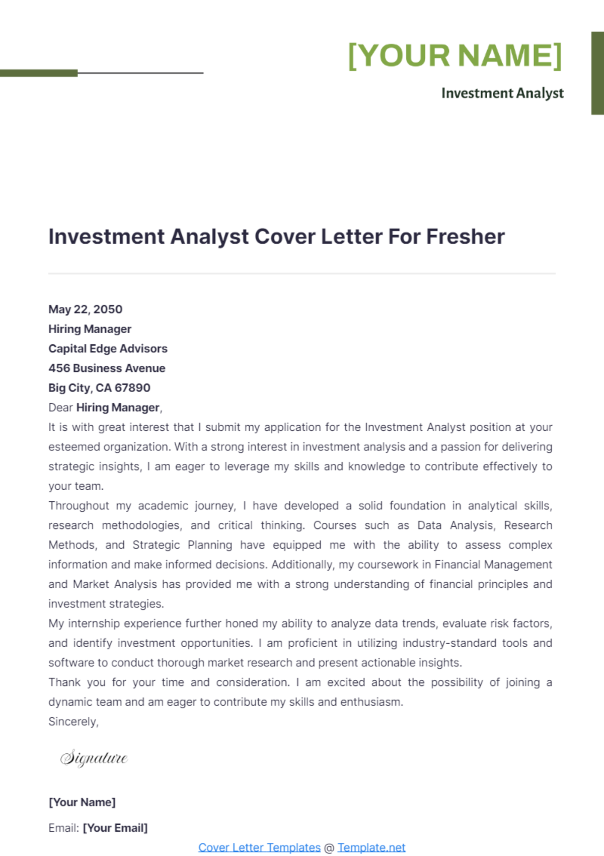 Investment Analyst Cover Letter For Fresher - Edit Online & Download