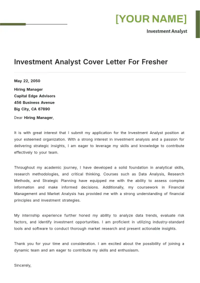 Free Investment Analyst Cover Letter For Fresher to Edit Online