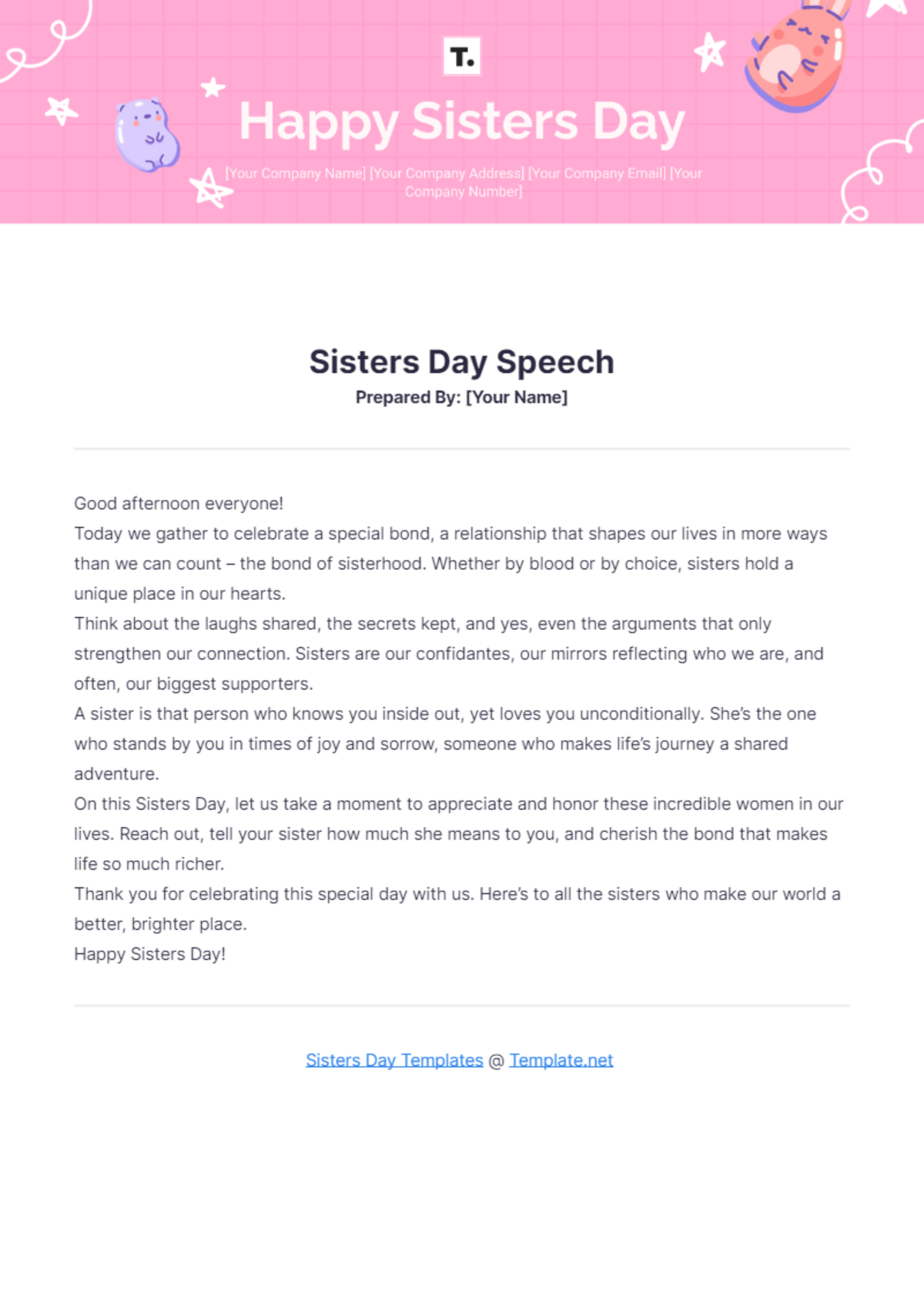 Sisters Day Speech Template - Edit Online & Download