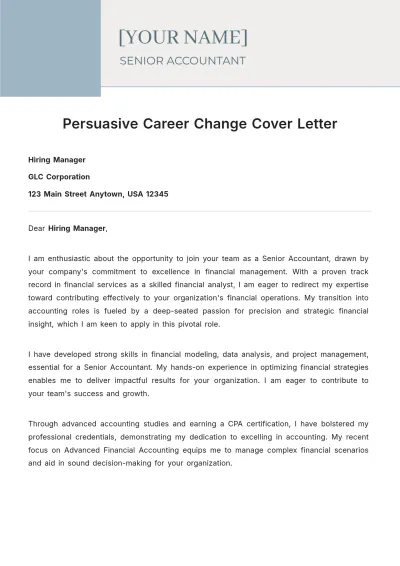 Free Persuasive Career Change Cover Letter to Edit Online