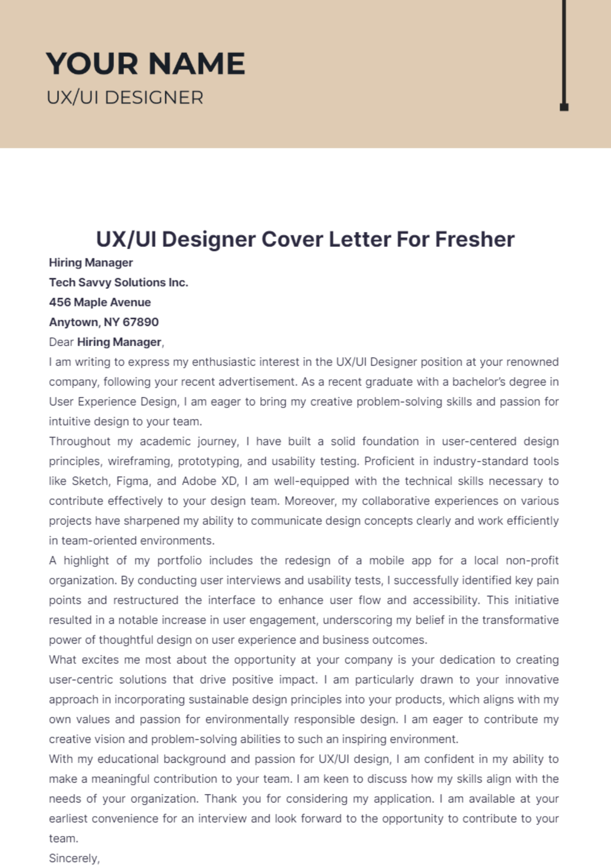 UX/UI Designer Cover Letter For Fresher - Edit Online & Download