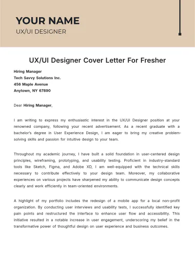 Free UX/UI Designer Cover Letter For Fresher to Edit Online