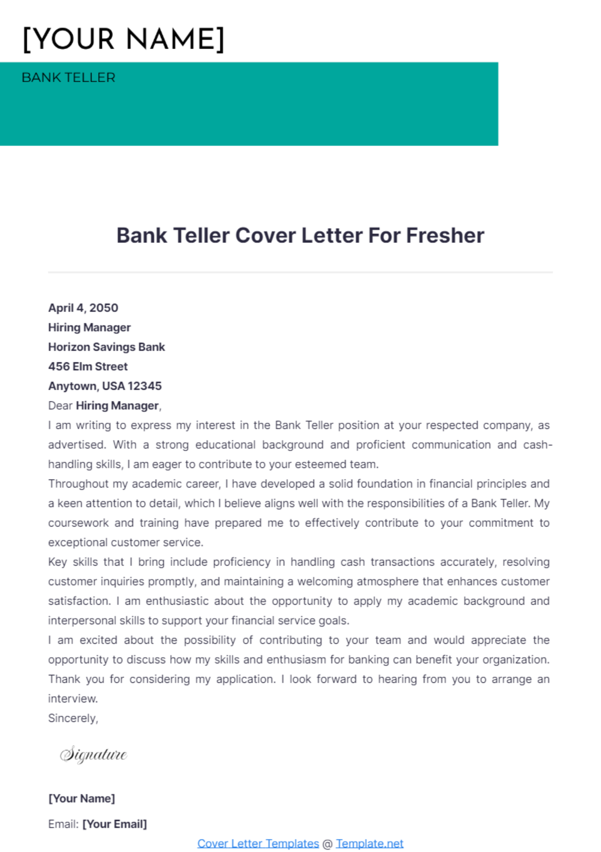 Bank Teller Cover Letter For Fresher - Edit Online & Download