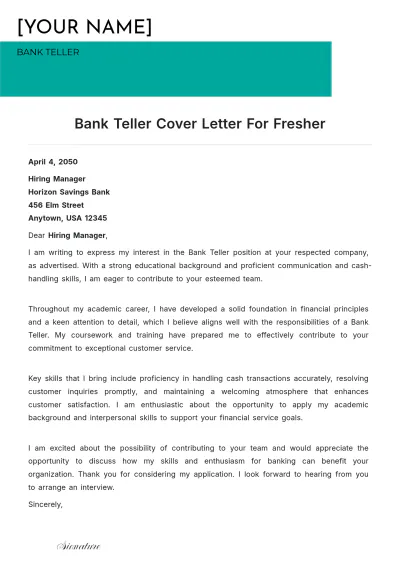 Free Bank Teller Cover Letter For Fresher to Edit Online