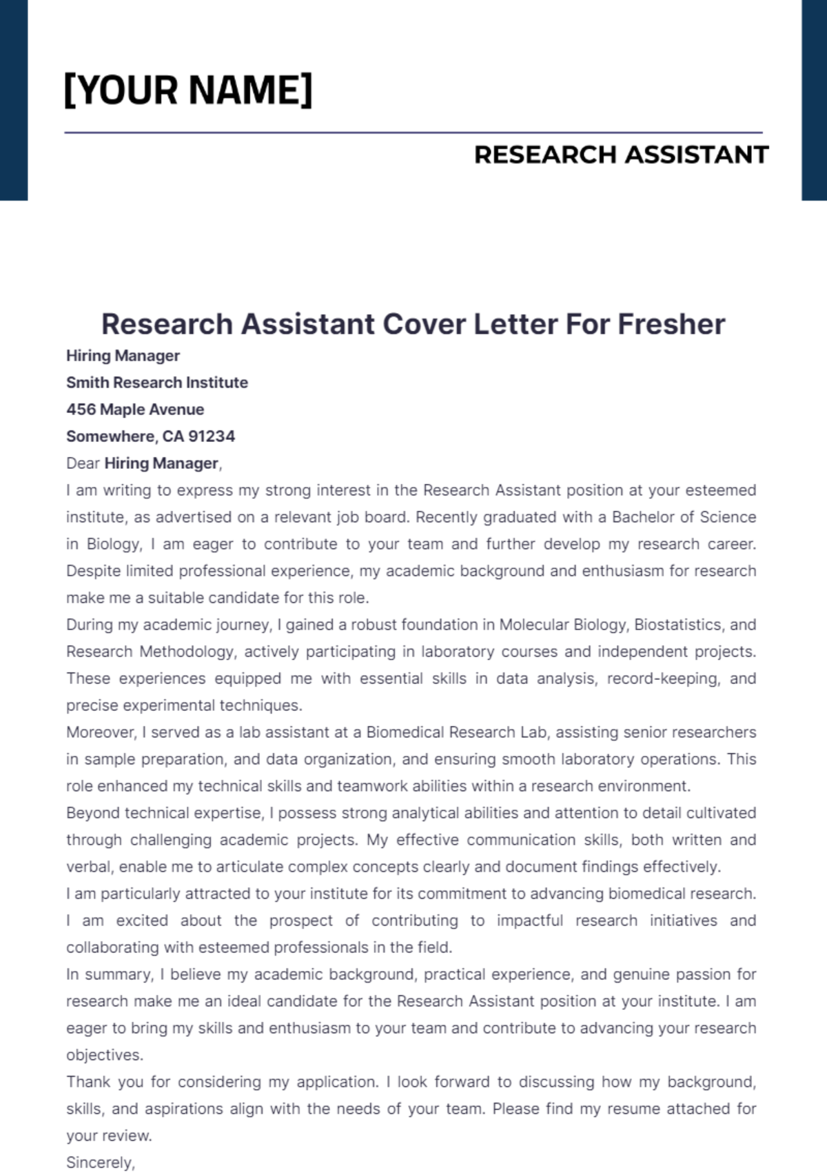 Research Assistant Cover Letter For Fresher - Edit Online & Download