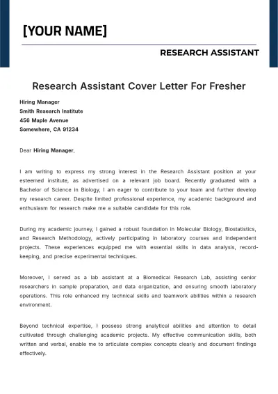 Free Research Assistant Cover Letter For Fresher to Edit Online