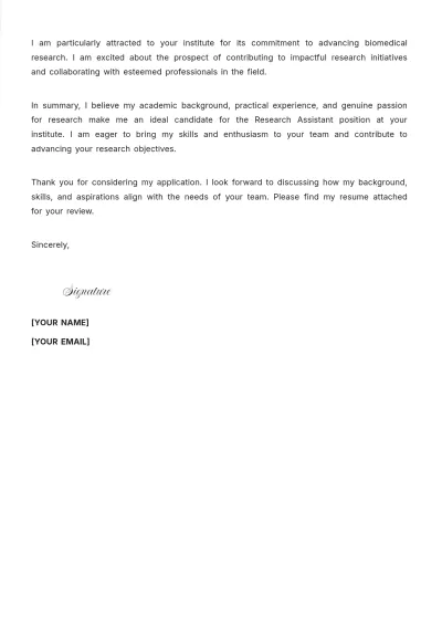 Free Research Assistant Cover Letter For Fresher to Edit Online