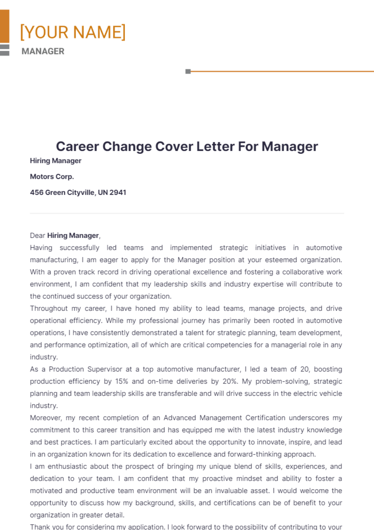 Career Change Cover Letter For Manager - Edit Online & Download