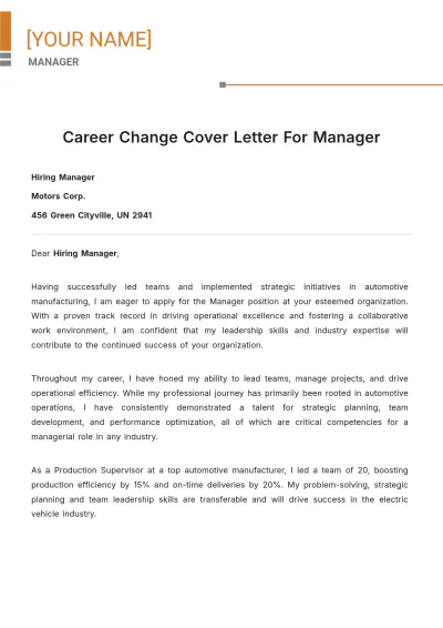 Free Career Change Cover Letter For Manager to Edit Online